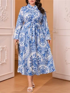 Women's Plus Size Curve Prom Dress Party Dress Wedding Guest Dress Long Dress Maxi Dress Blue Long Sleeve Flower Lace Up Fall Winter Autumn Shirt Collar Fashion Evening Party Wedding Guest