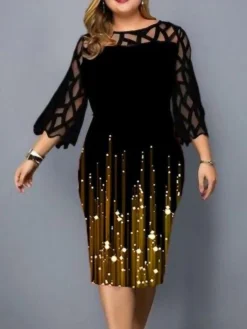 Women‘s Plus Size Curve Work Dress Sheath Dress Formal Dress Gradient Midi Dress 3/4 Length Sleeve Mesh Crew Neck Fashion Outdoor Gold Spring Summer L XL XXL 3XL 4XL