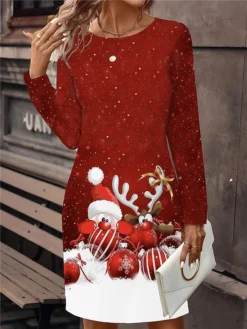Women's Christmas Dress Casual Dress Mini Dress Active Fashion Outdoor Christmas Holiday Crew Neck Print Christmas Tree Snowflake Deer Loose Fit White Wine Red S M L XL XXL