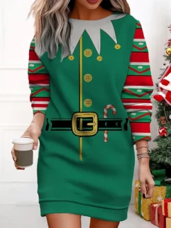 Women's Christmas Casual Dress Sweatshirt Dress Mini Dress Warm Fashion Outdoor Vacation Crew Neck Print Santa Claus Loose Fit ArmyGreen Light Green Wine S M L XL XXL -HANs Plus Size Style Shop oxpxjs1695377426954
