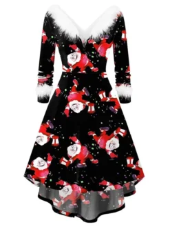 Women's Christmas Casual Dress Swing Dress Light Pink Wine Red White Black Long Sleeve Elk SnowmanTree Feather Print Winter Fall V Neck Vintage ElegantFall Dress 2022 S M L XL XXL -HANs Plus Size Style Shop oydoek1666003300072