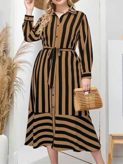 Women's Plus Size Curve Shirt Dress Casual Dress Midi Dress Outdoor Daily Vacation Polyester Fashion Classic Shirt Collar Lace Up Button Long Sleeve Spring Fall Winter Loose Fit Yellow Striped L XL -HANs Plus Size Style Shop oylyok1693210760523