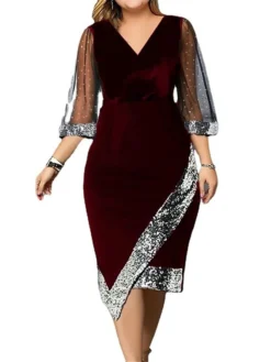 Women‘s Plus Size Curve Party Dress Sequin Dress Work Dress Plain Midi Dress Half Sleeve Mesh Patchwork V Neck Fashion Party Black Wine Summer Spring L XL XXL 3XL 4XL -HANs Plus Size Style Shop oyoiib1684754392125