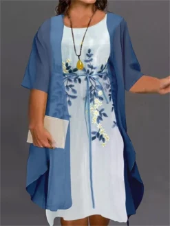 Women‘s Plus Size Curve Two Piece Dress Floral Crew Neck Print Half Sleeve Fall Spring Work Casual Knee Length Dress Casual Daily Dress -HANs Plus Size Style Shop ozctoa1649760963511