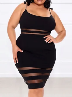 Women's Plus Size Curve Party Dress Bodycon Sheath Dress Plain Midi Dress Sleeveless Mesh Backless Strap Fashion Party Black Spring Fall XL XXL 3XL 4XL 5XL