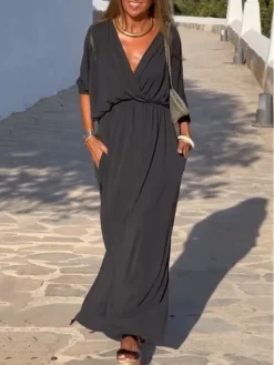 Women's Casual Dress Black Dress Plain Dress Long Dress Maxi Dress Pocket Daily Date Going Out Fashion Basic V Neck 3/4 Length Sleeve 2023 Loose Fit Black Color S M L XL XXL Size