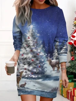 Women's Christmas Casual Dress Sweatshirt Dress Mini Dress Warm Fashion Outdoor Vacation Crew Neck Print Snowman Christmas Tree Loose Fit Black Red Royal Blue S M L XL XXL -HANs Plus Size Style Shop ozidry1695365298689