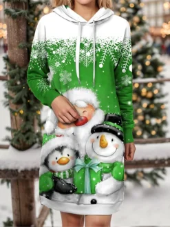 Women's Christmas Dress Hoodie Dress Mini Dress Warm Fashion Outdoor Christmas Holiday Hoodie Print Snowman Snowflake Loose Fit Yellow Wine Blue S M L XL XXL -HANs Plus Size Style Shop ozjxcn1697542416769