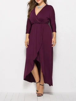 Women's Plus Size Work Dress Black Dress A Line Dress Fashion Long Dress Maxi Dress Ruched V Neck Long Sleeve Plain Loose Fit Black Wine Dark Green Fall XL XXL 3XL 4XL -HANs Plus Size Style Shop ozoycd1693203504235