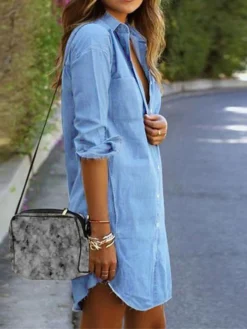Women's Denim Dress Shirt Dress Shift Dress Mini Dress Outdoor Winter Dress Daily Cotton Denim Casual Shirt Collar Button Pocket Long Sleeve Summer Spring Fall 2023 Regular Fit Black Army Green Dark -HANs Plus Size Style Shop ozquvd1653299658798