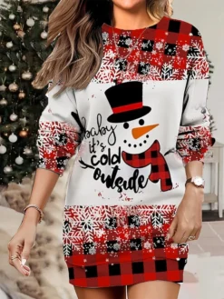 Women's Christmas Casual Dress Sweatshirt Dress Mini Dress Warm Fashion OutdoorVacation Crew Neck Print Geometric Snowman Snowflake Loose Fit White Wine Rusty Red S M L XL XXL -HANs Plus Size Style Shop ozyoum1695640758015