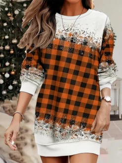 Women's Casual Dress Sweatshirt Dress Mini Dress Warm Fashion Outdoor Christmas Vacation Crew Neck Print Geometric Loose Fit Red Burgundy Blue S M L XL XXL -HANs Plus Size Style Shop paddoc1695365439070