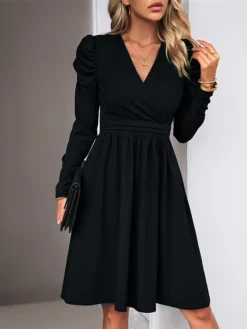 Women's Casual Dress Plain Dress Empire Waist Dresses Midi Dress Ruched Outdoor Daily Holiday Fashion Modern V Neck Long Sleeve 2023 Regular Fit Black Green Khaki Color S M L XL Size -HANs Plus Size Style Shop pahldz1692081751499