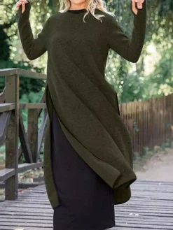 Women's Casual Dress Sweater Dress Sweatshirt Dress Midi Dress Black Army Green Gray Long Sleeve Pure Color Split Fall Winter Autumn Crew Neck Casual Winter Dress Vacation Fall Dress 2023 S M L XL -HANs Plus Size Style Shop pbcujx1665476053873