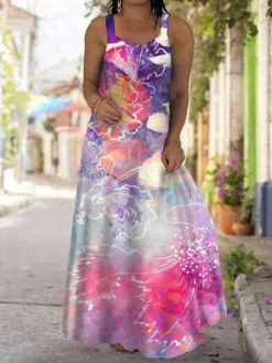 Women‘s Plus Size Curve Casual Dress Strap Dress Floral Long Dress Maxi Dress Sleeveless Print Strap Fashion Outdoor Pink Red Summer Spring L XL XXL 3XL 4XL -HANs Plus Size Style Shop pberaa1681284866013