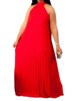 Women's Plus Size Curve Shift Dress Solid Color Halter Neck Ruched Sleeveless Spring Summer Basic Maxi Long Dress Casual Daily Dress -HANs Plus Size Style Shop pbklzo1654676762106