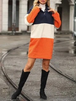 Women's Casual Dress Hoodie Dress Winter Dress Color Block Stripe Patchwork Hooded Mini Dress Active Fashion Daily Date Long Sleeve Regular Fit Orange Fall Autumn S M L XL XXL -HANs Plus Size Style Shop pbmxvk1694590439888