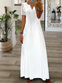 Women's Long Dress Maxi Dress Casual Dress Eyelet Summer Dress Print Dress Floral Butterfly Fashion Streetwear Outdoor Daily Lace Print Short Sleeve V Neck Loose Fit Black White Red Summer Spring