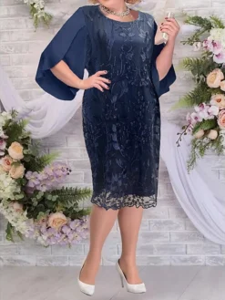 Women's Plus Size Curve Party Dress Semi Formal Dress Floral Midi Dress Half Sleeve Lace Embroidered Crew Neck Elegant Party Deep Blue Fall Winter L XL XXL 3XL 4XL -HANs Plus Size Style Shop pbyhhd1694687257075