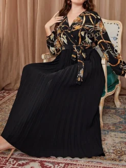Women's Plus Size Curve Party Dress Sheath Dress Semi Formal Dress Long Dress Maxi Dress Black Long Sleeve Print Lace Up Fall Winter Autumn V Neck Fashion Vacation 2023 L XL XXL 3XL -HANs Plus Size Style Shop pbyusv1692176243059