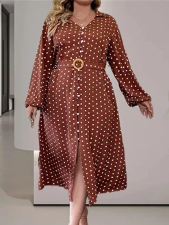 Women's Plus Size Curve Casual Dress Winter Dress Sheath Dress Polka Dot Midi Dress Long Sleeve Lace Up Ruched V Neck Fashion Outdoor Brown Fall Winter L XL XXL 3XL 4XL -HANs Plus Size Style Shop pcibbg1695025001445