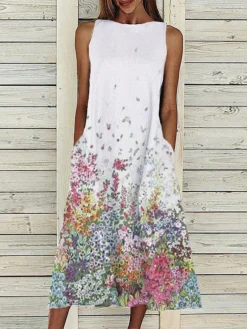Women‘s A Line Dress Midi Dress Sleeveless Floral Pocket Cold Shoulder Print Spring Summer Round Neck Casual Vintage Going Out 2023 S M L XL XXL Cotton -HANs Plus Size Style Shop pcothy1617761859552