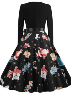 Women's Christmas Swing DressKnee Length Dress Black And White White Light Red Gold Red Long Sleeve Elk Snowman Bell Bow Print Fall Winter Round Neck Vintage Elegant 2022 S M L XL 2XL -HANs Plus Size Style Shop pcwqnp1663049824039