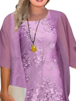 Women‘s Plus Size Curve Casual Dress Floral Crew Neck Lace Half Sleeve Spring Fall Casual Midi Dress Daily Holiday Dress -HANs Plus Size Style Shop pdazxp1663299471600