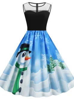 Women's Christmas Casual Dress Swing Dress Midi Dress Blue Royal Blue Dark Blue Light Blue Sleeveless Santa Claus Snowman Mesh Print Winter Fall Crew Neck Vacation Vintage 2022 S M L XL XXL -HANs Plus Size Style Shop pdwbkf1666597370888