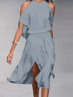 Women‘s A Line Dress Midi Dress White Black Gray Sleeveless Pure Color Split Spring Summer Cold Shoulder Personalized Stylish Elegant Loose 2023 S M L XL XXL -HANs Plus Size Style Shop pedfci1639986594767