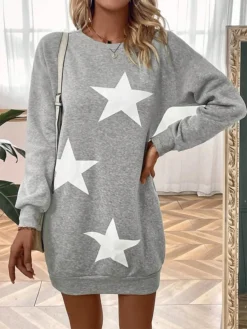 Women's Casual Dress Sweatshirt Dress Winter Dress Star Print Crew Neck Mini Dress Fashion Streetwear Outdoor Daily Long Sleeve Loose Fit Gray Fall Winter S M L XL XXL