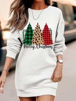 Women‘s Christmas Casual Dress Sweatshirt Dress Mini Dress Warm Fashion Outdoor Holiday Crew Neck Print Santa Claus Tree Loose Fit White Red Brown S M L XL XXL