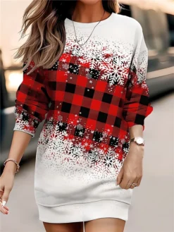 Women‘s Christmas Casual Dress Sweatshirt Dress Mini Dress Warm Fashion Outdoor Holiday Crew Neck Print Geometric Loose Fit Red Orange Green S M L XL XXL