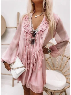 Women's Chiffon Dress Knee Length Dress Pink Gray Long Sleeve Solid Color Ruffle Summer Spring V Neck Casual Winter Dress Fall Dress 2023 S M L XL XXL