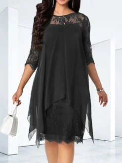 Women's Casual Dress Lace Dress Shift Dress Mini Dress Black Wine Blue 3/4 Length Sleeve Pure Color Lace Summer Spring Crew Neck Fashion 2023 S M L XL XXL 3XL 4XL 5XL -HANs Plus Size Style Shop petpqw1671086477879