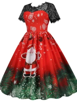 Women's Christmas Swing Dress Vintage DressKnee Length Dress Green Wine Dark Green Fuchsia Red Black Short Sleeve Santa Claus Snowman Snowflake Lace Print Fall Winter V Neck Vacation Vintage 2022 S -HANs Plus Size Style Shop pfchui1665293363325