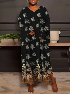 Women's Plus Size Curve Casual Dress Sweatshirt Dress Winter Dress Floral Gradient Long Dress Maxi Dress Long Sleeve Split Print V Neck Fashion Outdoor Black White Fall Winter L XL XXL 3XL 4XL -HANs Plus Size Style Shop pfqpcr1693387362196