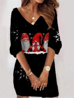 Women‘s Christmas Sweatshirt Dress Winter Dress Short Mini Dress Blue Black 3/4 Length Sleeve Santa Claus Snowman Snowflake Print Fall Winter V Neck Vacation Casual Loose Fit 2022 S M L XL XXL 3XL -HANs Plus Size Style Shop pfvvcm1663899633921