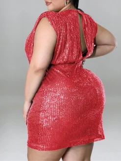 Women‘s Plus Size Curve Party Dress Solid Color V Neck Sequins Short Sleeve Spring Summer Sequins Prom Dress Short Mini Dress Party Back To School Dress Sequin Dress Homecoming Dress -HANs Plus Size Style Shop pgcdtf1652866160756