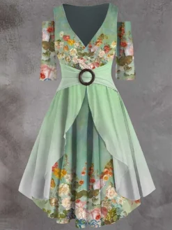 Women‘s Plus Size Curve Casual Dress A Line Dress Vintage Dress Floral Long Dress Maxi Dress Summer Dress Spring Half Sleeve Ruffle Print V Neck Elegant Outdoor Green Fashion 2023 -HANs Plus Size Style Shop pgkhex1681974599659