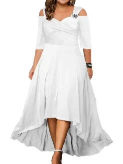 Women‘s Plus Size Curve Party Dress Swing Dress Formal Dress Solid Color Midi Dress Half Sleeve Hollow Out Plus High Low V Neck Elegant Party Black White Summer Spring L XL XXL 3XL 4XL -HANs Plus Size Style Shop pgmtqn1679466847644