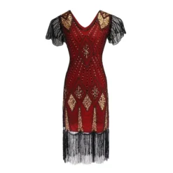 Women's Retro 1920s Fringe Dress Midi Dress Party Halloween Sequins Tassel Fringe Geometric V Neck Short Sleeve Regular Fit Spring Fall 2023 Black Light Red XS S M L -HANs Plus Size Style Shop pgtoxv1692611978192