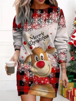 Women's Christmas Casual Dress Sweatshirt Dress Mini Dress Warm Fashion OutdoorVacation Crew Neck Print Animal Geometric Santa Claus Loose Fit Black White Red S M L XL XXL