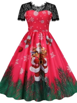 Women's Christmas Casual Dress Swing Dress Midi Dress Green Wine Light Red Fuchsia Red Black Short Sleeve Santa Claus Snowman Snowflake Lace Print Winter Fall Crew Neck Vacation Vintage 2022 S M L XL -HANs Plus Size Style Shop phaddc1666761920909
