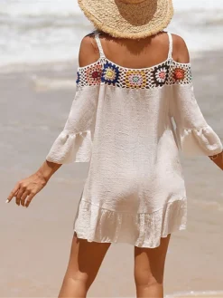 Women's Cover Up Beach Dress Beach Wear Mini Dress Ruffle Backless Ethnic Casual Floral Spaghetti Strap 3/4 Length Sleeve Loose Fit Outdoor Daily Black White 2023 Spring Summer One Size -HANs Plus Size Style Shop phcvhb1672903075776