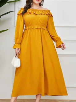 Women's Plus Size Prom Dress Party Dress Wedding Guest Dress Long Dress Maxi Dress Yellow Long Sleeve Pure Color Ruffle Fall Winter Autumn Off Shoulder Fashion Winter Dress Evening Party Wedding Guest -HANs Plus Size Style Shop phdstd1693535307895