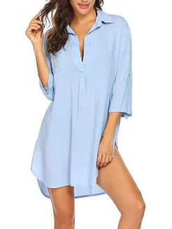Women's Cover Up Beach Dress Beach Wear Mini Dress Button Pocket Fashion Casual Plain Turndown 3/4 Length Sleeve Loose Fit Outdoor Vacation Black White 2023 Summer Spring S M L XL -HANs Plus Size Style Shop phtpns1677499346712