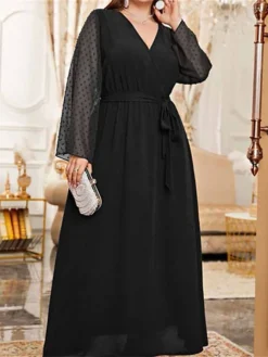 Women's Plus Size Prom Dress Party Dress Wedding Guest Dress Long Dress Maxi Dress Black Green Long Sleeve Pure Color Lace Up Fall Winter Autumn V Neck Fashion Winter Dress Wedding Guest Evening Party -HANs Plus Size Style Shop pilflf1693207138853