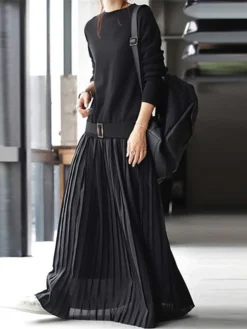 Women's Casual Dress Chiffon Dress Swing Dress Long Dress Maxi Dress Pleated Patchwork Outdoor Daily Vacation Fashion Streetwear Crew Neck Long Sleeve 2023 Loose Fit Black Pink Green Color One-Size -HANs Plus Size Style Shop pivucv1696434272430