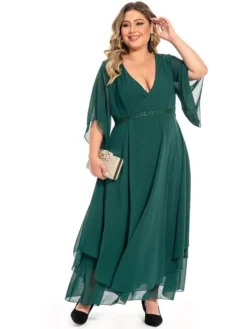 Women‘s Plus Size Curve Casual Dress Swing Dress Plain Long Dress Maxi Dress 3/4 Length Sleeve Layered V Neck Basic Outdoor Dark Green Summer Spring L XL XXL 3XL 4XL -HANs Plus Size Style Shop pkkcwk1694771216582